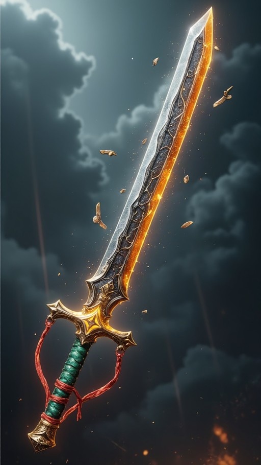 A large fantasy sword floats diagonally against a dark cloudy sky; the blade has one silver edge and one glowing orange fiery edge, with an ornate gold hilt wrapped in green cord and tied with red ribbons.