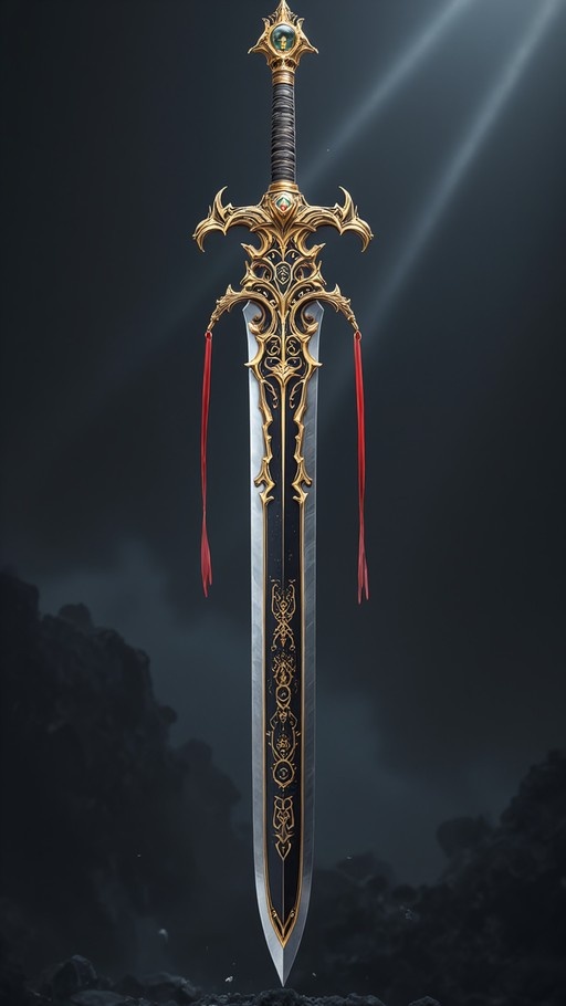 An ornate fantasy sword with gold filigree and red ribbons floats vertically above rocky terrain in dramatic light.