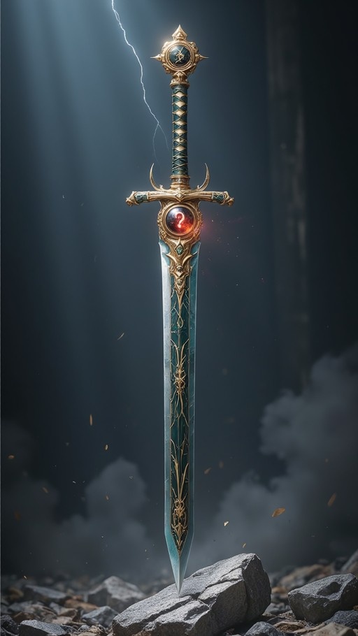 A teal and gold fantasy sword with a glowing red gem embedded point-first into a grey rock amidst floating embers and lightning.
