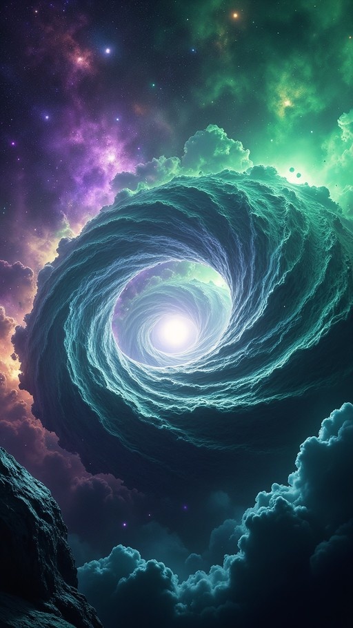 A massive swirling teal vortex dominates a starry night sky, surrounded by purple and green nebula clouds above a bed of dark cumulus clouds.