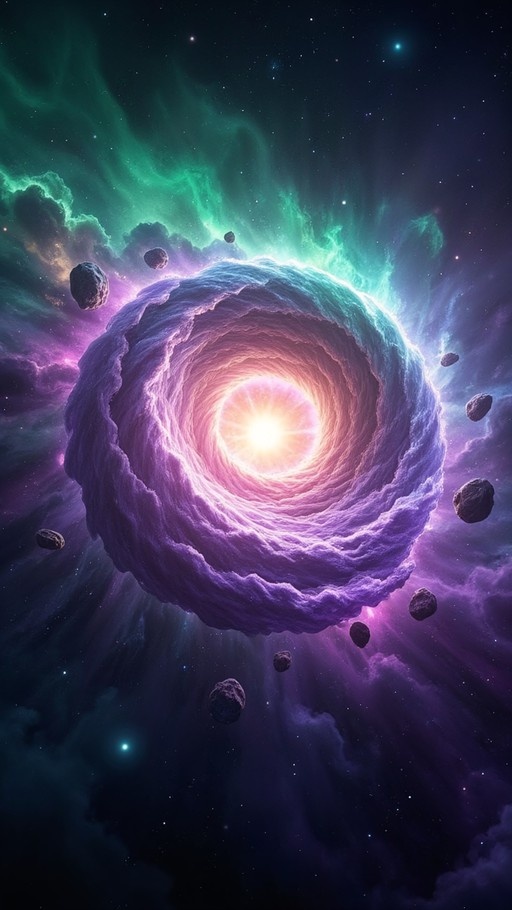 A swirling purple and blue cosmic tunnel with a bright light at its center, surrounded by floating rocks in a starry green and purple nebula.