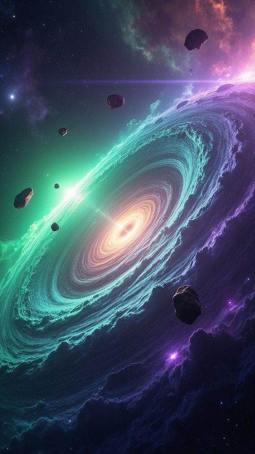 A vibrant digital illustration of a swirling spiral galaxy with a glowing orange center, surrounded by teal and purple nebula clouds and several dark asteroids floating in the foreground.