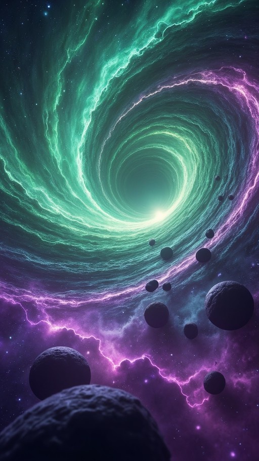 A vibrant digital artwork showing a swirling tunnel of teal and purple nebula clouds in deep space, surrounded by dark rocky asteroids.