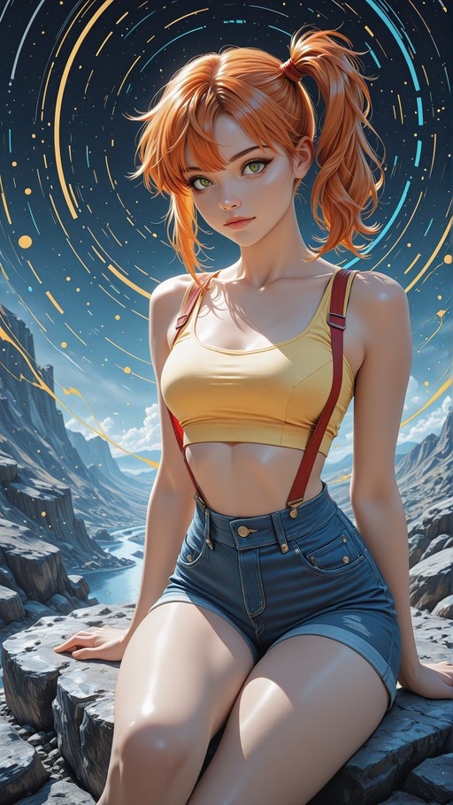 Misty from Pokemon sitting on a rock overlooking a canyon