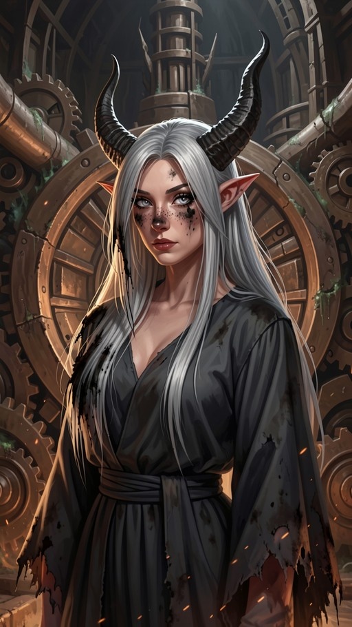A digital painting of a woman with long white hair and large black horns standing in front of giant mechanical gears. She wears a torn dark robe and has dirt on her face.