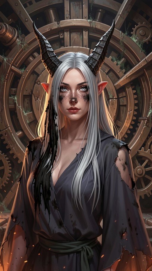 A white-haired demon girl with black horns and pointed ears stands in front of large gears wearing a torn robe.