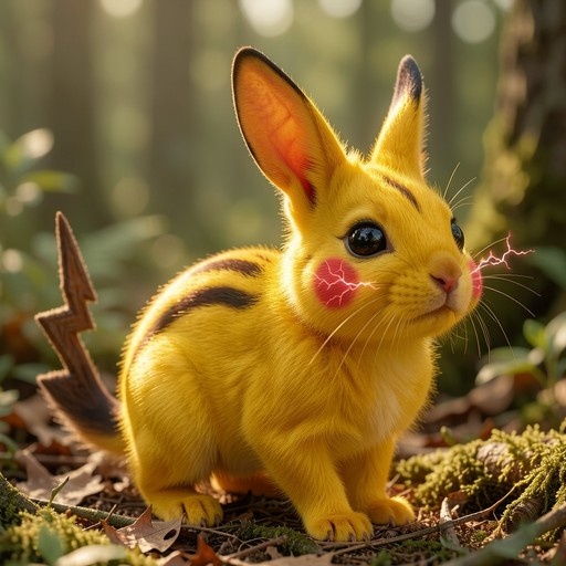 A realistic, fluffy yellow Pikachu stands on a mossy forest floor with sunlight filtering through the trees.