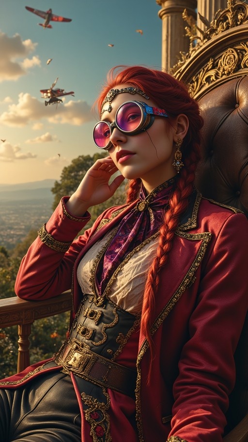 A red-haired woman in steampunk attire with twin braids and goggles sits on a throne while propeller planes fly overhead.