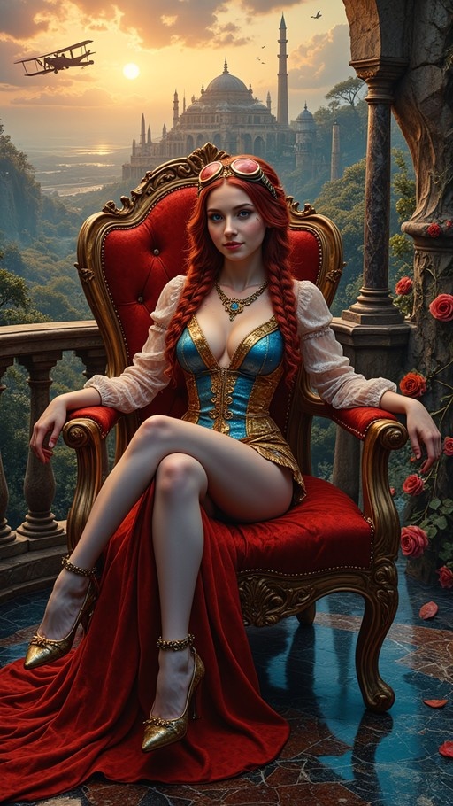 A red-haired woman wearing goggles and a blue corset sits on an ornate red throne, overlooking a sunset cityscape with a biplane flying nearby.