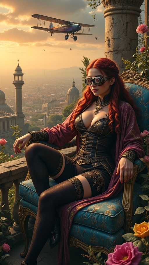A red-haired woman wearing goggles and a black corset sits in a blue chair on a terrace with roses, while a vintage biplane flies over a city at sunset.