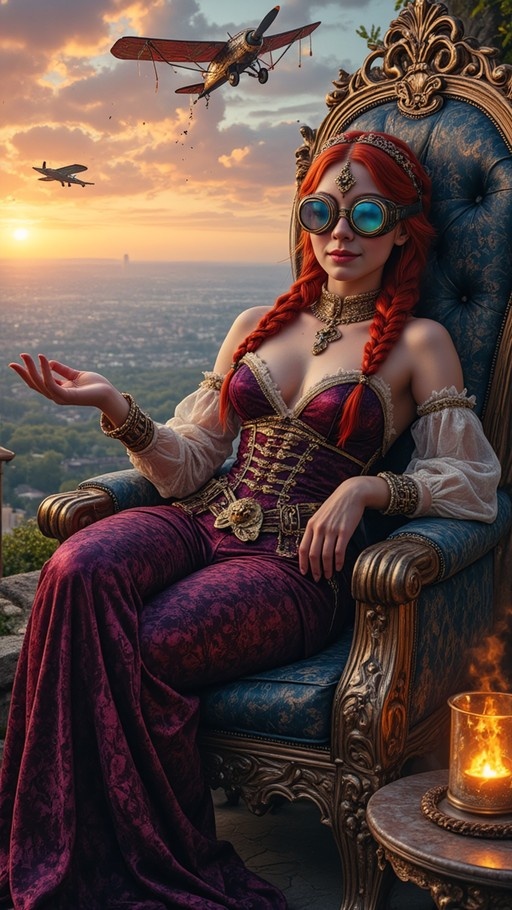 Red-haired woman wearing steampunk goggles and a purple outfit sitting on an ornate blue throne with vintage biplanes flying in the sunset sky behind her.
