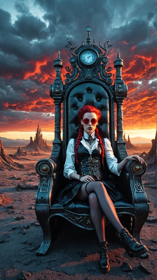 A red-haired woman with twin braids and red sunglasses sits on a large black throne with a clock face, set against a dramatic orange sky in a desert landscape.
