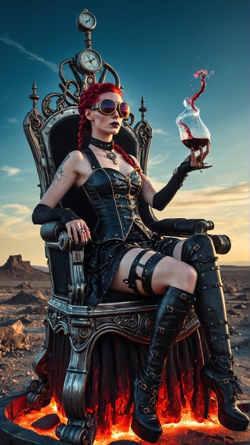 A red-haired woman in a black leather corset and thigh-high boots sits on an ornate metal throne topped with clocks, holding a glass flask of splashing red liquid while resting in molten lava.