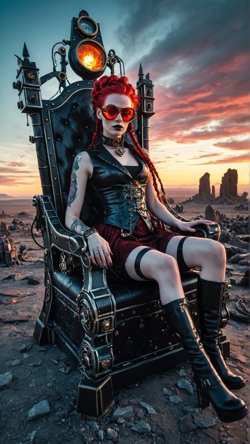 A red-haired woman with goggles and tattoos sits on a large metal steampunk throne in a rocky landscape at sunset.