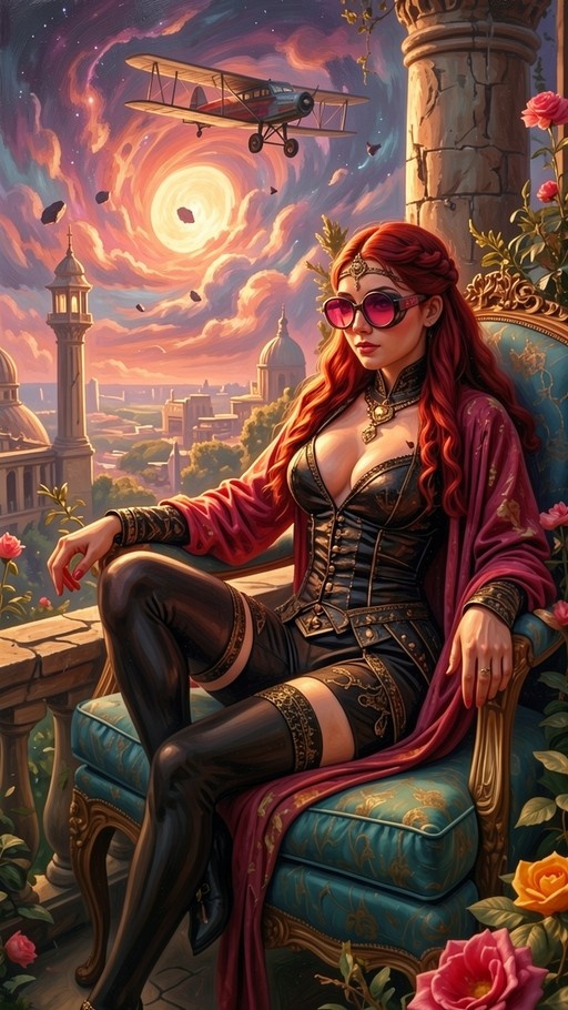 Red-haired woman in black corset and pink sunglasses sitting on a blue chair with a biplane flying over a city in the background.