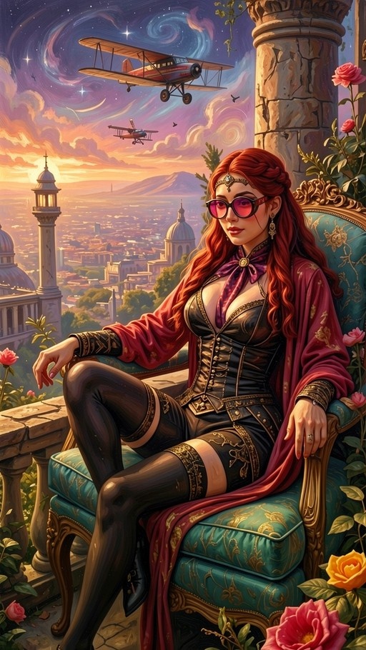 Red-haired woman in a black corset and pink sunglasses sits on a balcony chair watching biplanes fly over a city at sunset.
