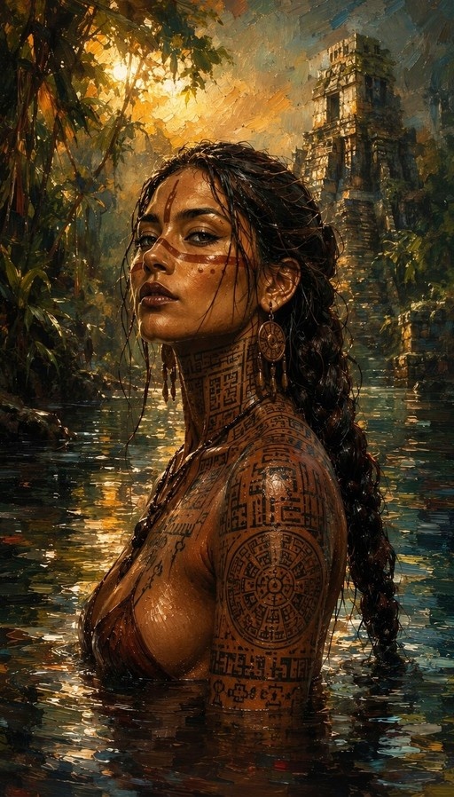 A digital oil painting of a dark-skinned woman with intricate tribal tattoos on her neck and arms, standing in a jungle river with ancient stone ruins in the background.