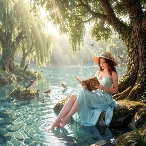 A woman in a straw hat and blue dress reads a glowing book while soaking her bare feet in a pond surrounded by birds and trees.