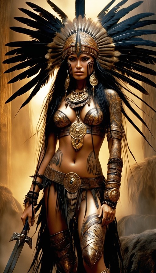 A dark-skinned woman with long black hair wearing a large feathered headdress and gold armor holds a sword. She has tribal face paint and jewelry.