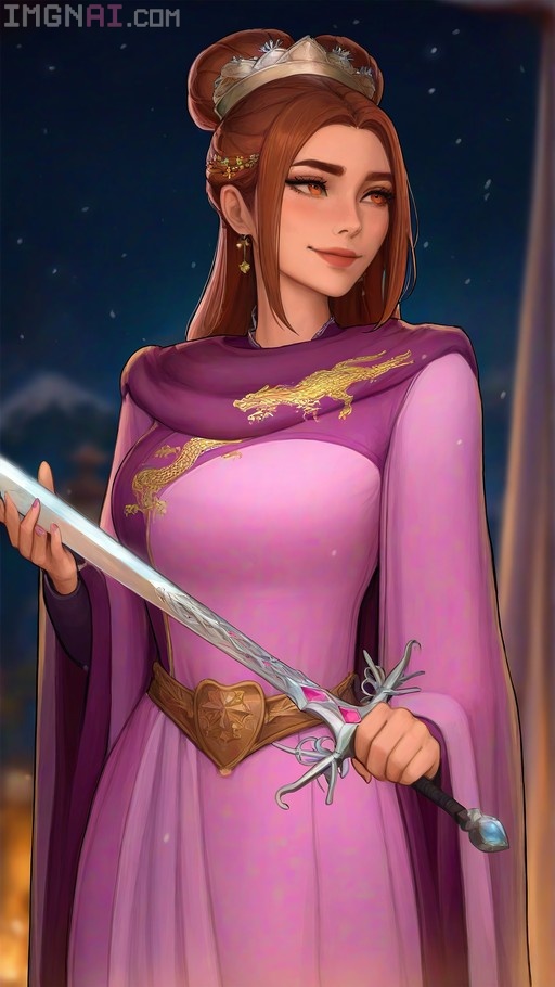 A smiling woman with brown hair in a bun and a tiara wears a pink robe with a golden dragon design while holding a sword against a snowy night background.