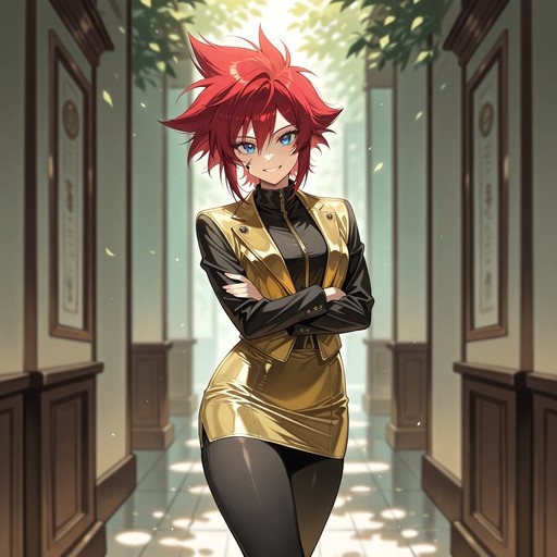 Anime character Kallen with red hair and blue eyes in a gold jacket and skirt standing in a hallway.
