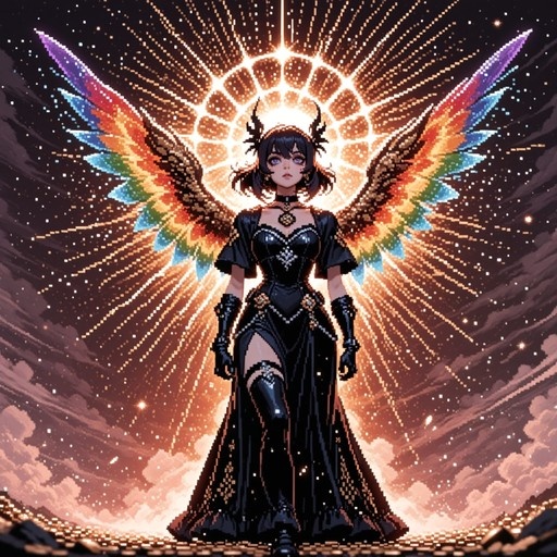 A full-body pixel art portrait of a woman with short black hair and purple eyes wearing a black dress and gloves, standing before large rainbow-colored wings and a glowing halo in a starry sky.
