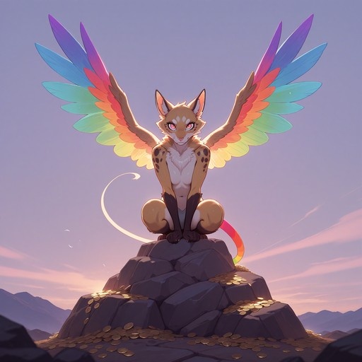 A female furry character with brown fur and large rainbow wings squats on a rock pile surrounded by gold coins against a purple sky.