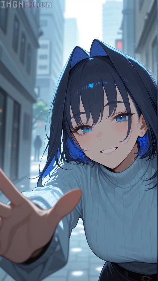 Ouro Kronii with dark blue hair and a light blue sweater reaches her hand toward the viewer on a blurred city street.