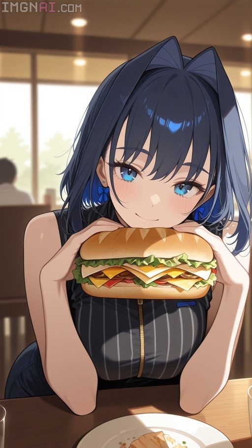 Ouro Kronii holds a giant sandwich with both hands and rests her chin on it while looking at the viewer.