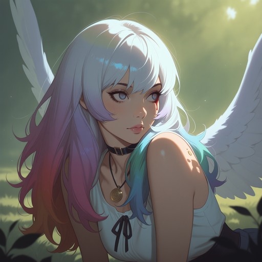 A fantasy angel girl with long white and pink hair and large white wings looks at the viewer with a red tear on her cheek, wearing a white top and jewelry in an outdoor setting.