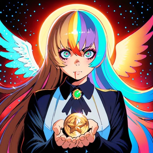 An anime-style girl with long rainbow hair and large feathery wings holds a glowing gold coin with a star design in her hands against a dark, starry background.