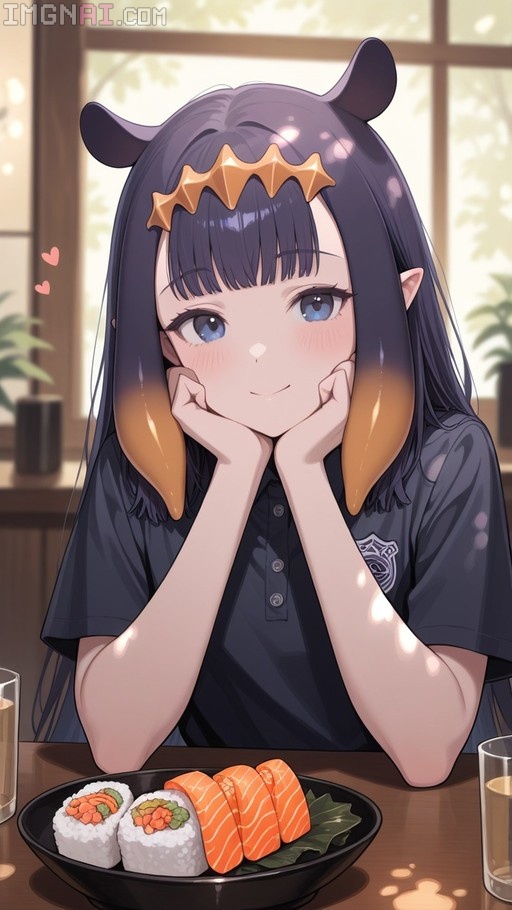 An anime-style girl with dark hair and orange tips rests her chin on her hands while smiling at a plate of sushi on a table.