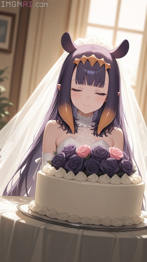 A digital illustration of Ninomae Ina'nis in a white wedding dress and veil, holding purple and pink roses behind a large cake.
