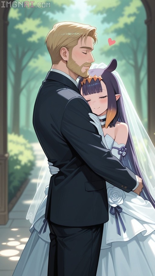 Ninomae Ina'nis in a white wedding dress and veil hugging a blonde man in a suit outdoors with a pink heart floating above them.