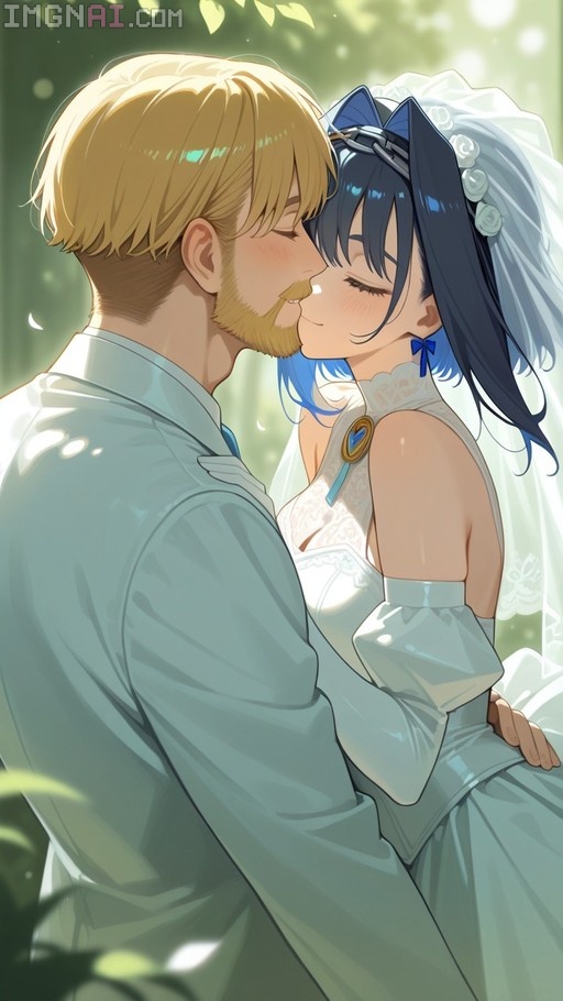 Ouro Kronii in a white wedding dress and veil shares a kiss with her blonde groom in an outdoor setting.