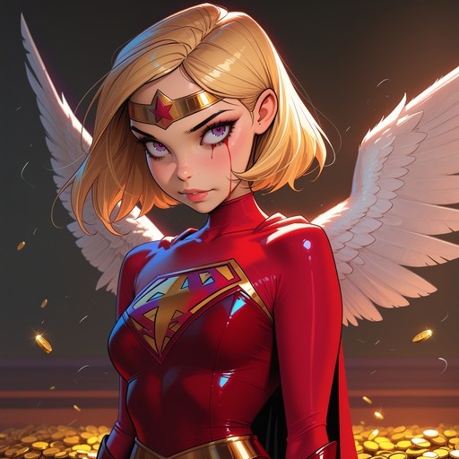 A blonde anime superheroine with white feathered wings and a red suit cries blood from one eye while surrounded by gold coins.