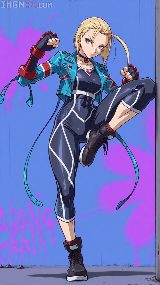 Cammy White from Street Fighter 6 in a dynamic fighting stance with one leg raised against a neon blue and purple graffiti wall.