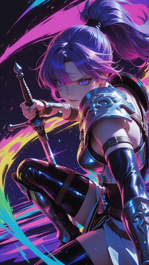 Anime-style illustration of a female warrior with purple hair and mismatched eyes, wearing silver shoulder armor and black boots while holding a sword.