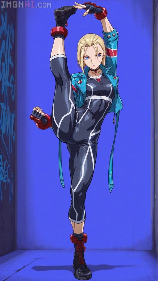 Cammy from Street Fighter 6 performing a standing split high kick while wearing a blue jacket and black bodysuit against a neon graffiti background.