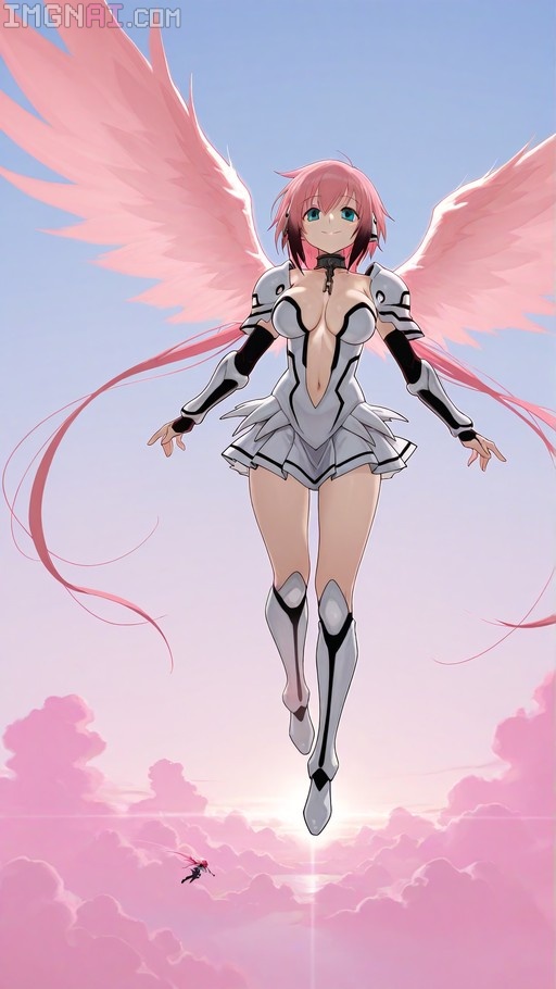 Ikaros from Sora no Otoshimono with pink wings and hair floating above clouds in white armor