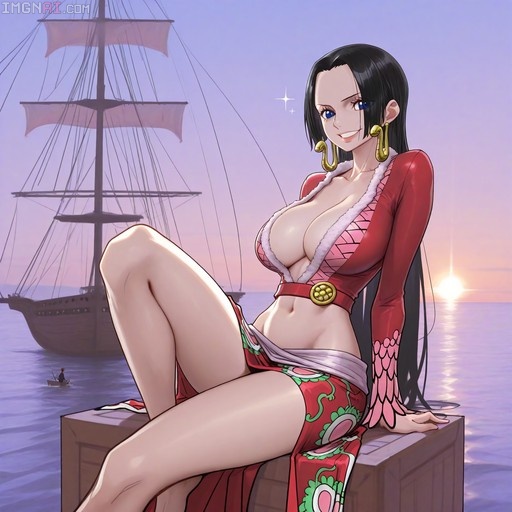 Boa Hancock from One Piece sitting on a crate with a ship and sunset in the background.