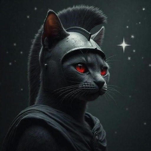A black cat wearing a Roman helmet and cape eats spaghetti at a table.