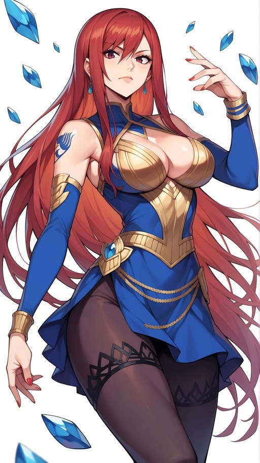 Erza Scarlet from Fairy Tail with long red hair and a blue dress featuring gold armor plating, standing amidst floating blue crystal shards.