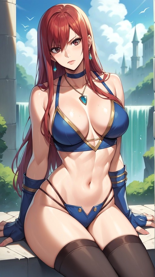 Red-haired anime woman in a blue bikini and arm guards sitting on stone steps near a waterfall.