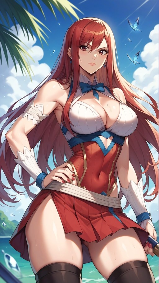 Anime illustration of Erza Scarlet with long red hair standing on a sunny beach with blue butterflies flying around her.
