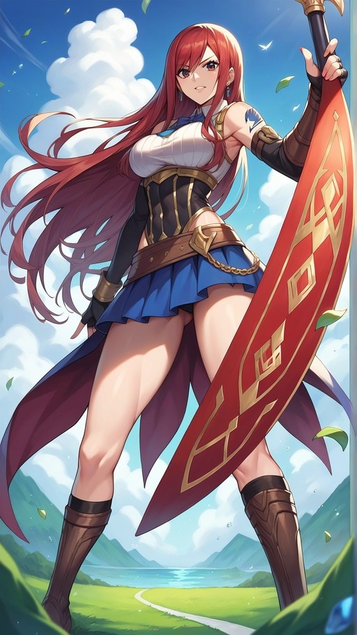 Erza Scarlet standing in a grassy field holding a large red weapon, wearing armor and a blue skirt under a blue sky.
