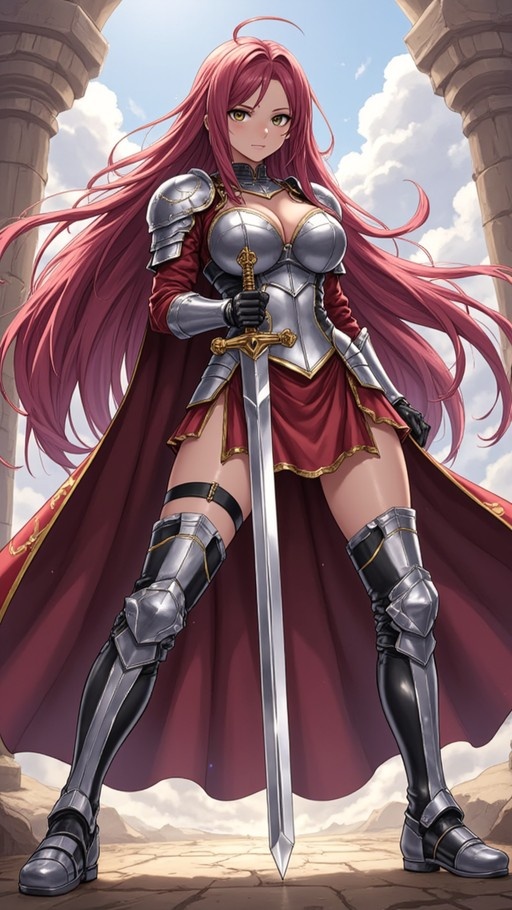 Full-body anime illustration of a red-haired female knight in silver armor and a red cape, standing between stone pillars while holding a sword vertically.