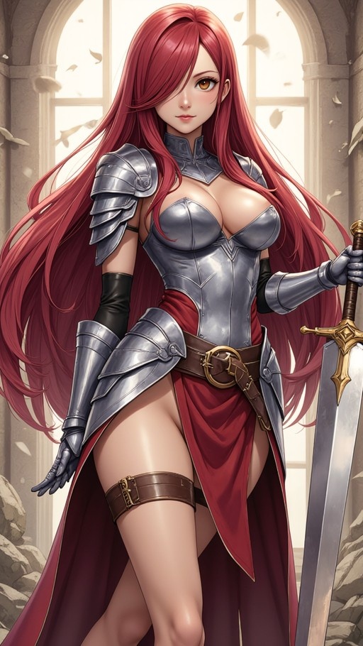 Anime-style illustration of a woman with long red hair wearing silver armor and holding a large sword indoors.