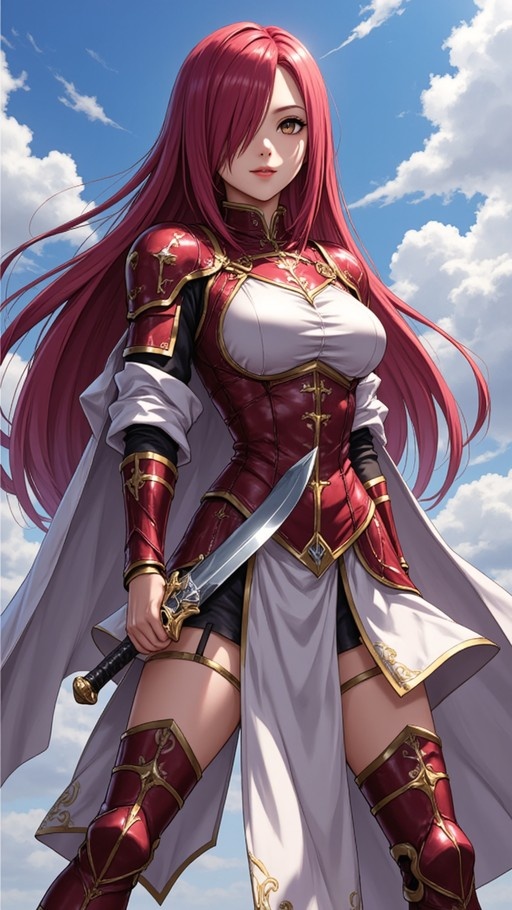 Red-haired anime warrior in red and gold armor holding a sword against a cloudy blue sky.