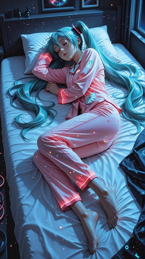 Hatsune Miku lying asleep on a bed in pink pajamas with glowing accents and long teal hair.